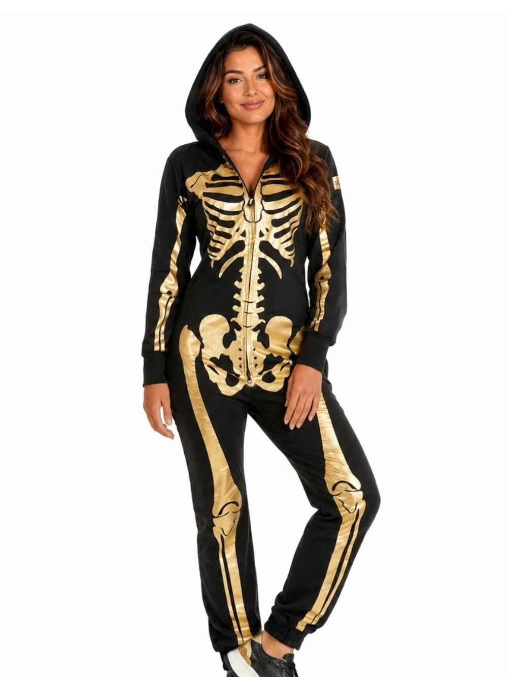 💀Tipsy Elves Black & Gold Skeleton Hooded Onesie💀 Womens L/XL